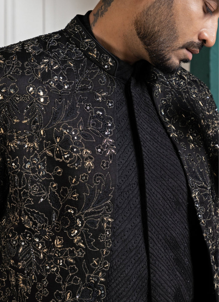 Black Satin Embroidered Achkan and Kurta Pant Set Smriti - Fabilicious Fashion