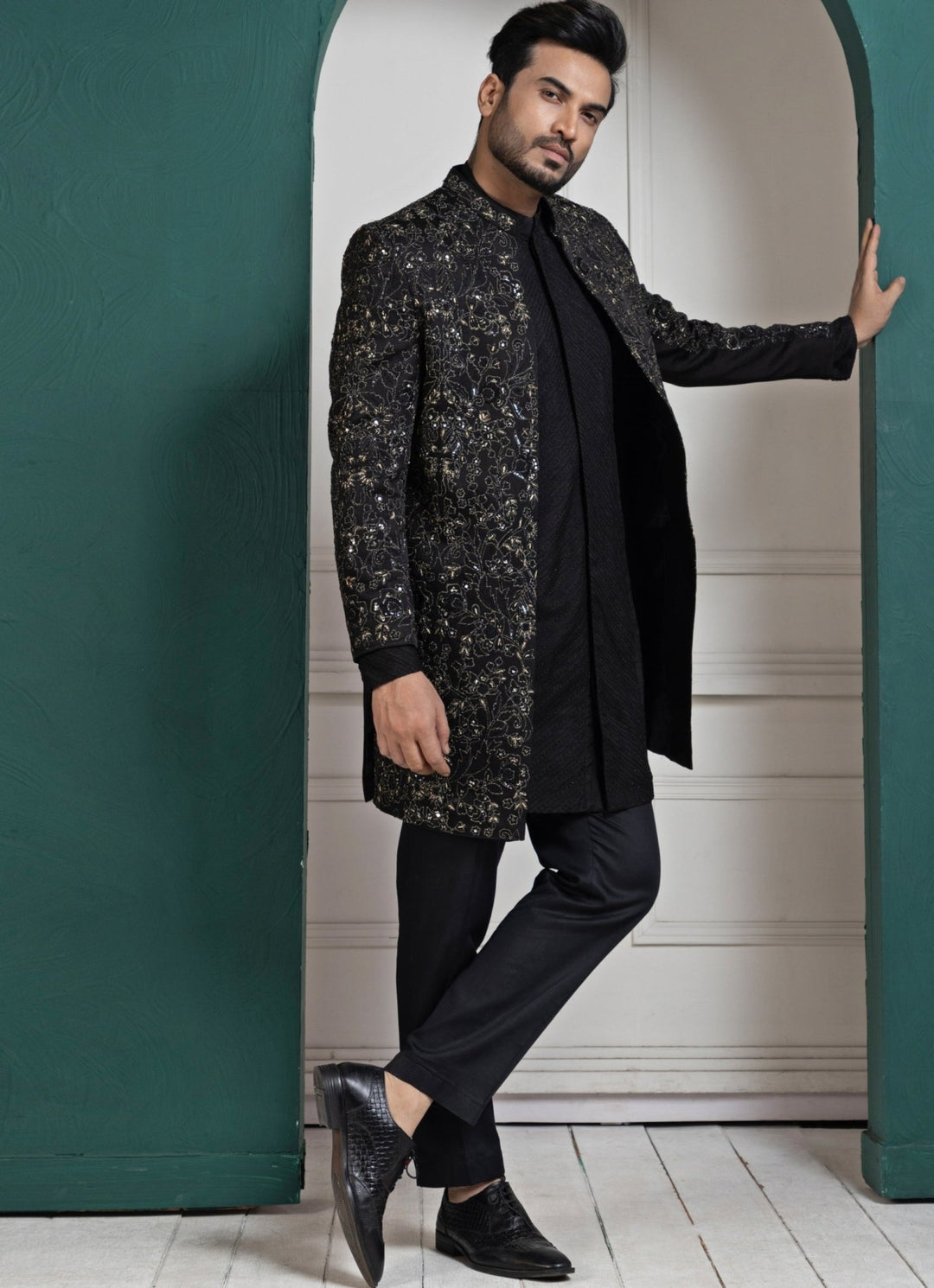 Black Satin Embroidered Achkan and Kurta Pant Set Smriti - Fabilicious Fashion