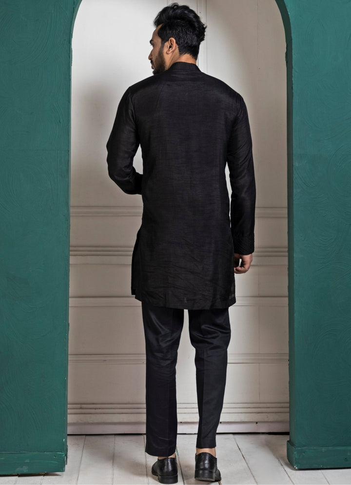 Black Satin Embroidered Achkan and Kurta Pant Set Smriti - Fabilicious Fashion