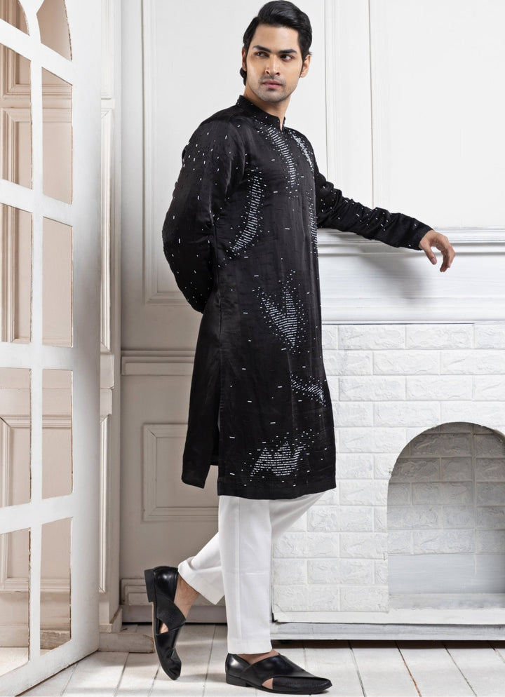 Black Satin Embroidered Kurta Pant Set Smriti - Fabilicious Fashion