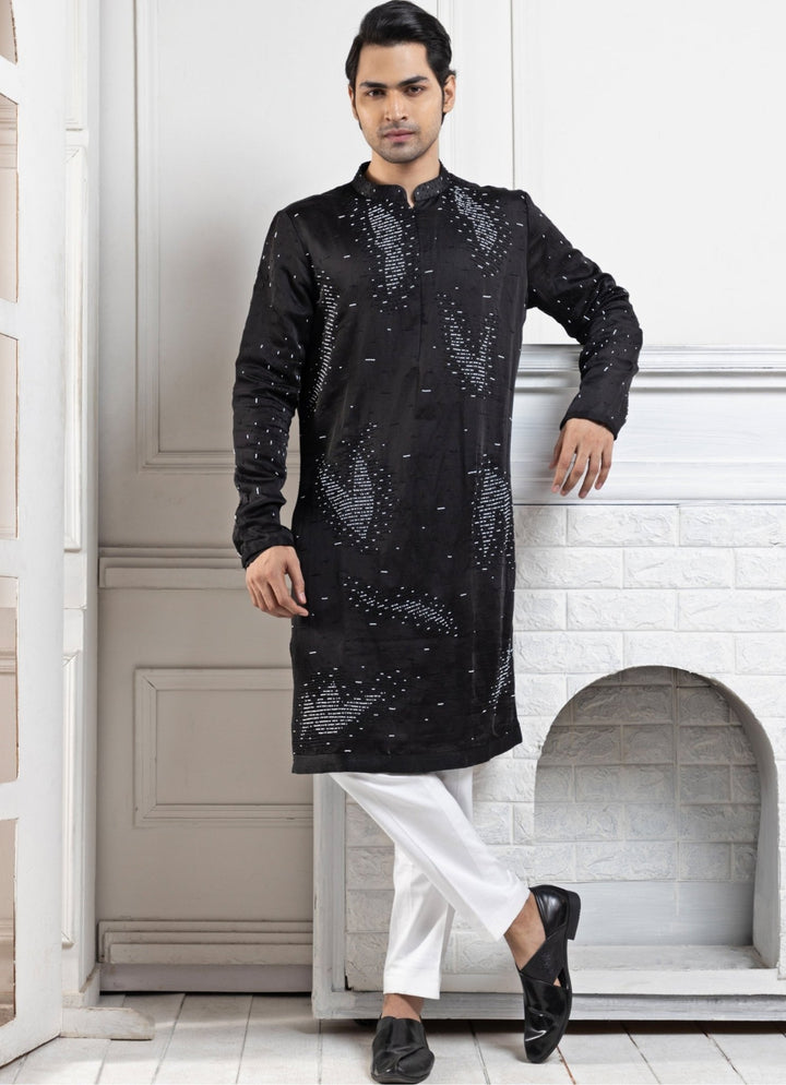 Black Satin Embroidered Kurta Pant Set Smriti - Fabilicious Fashion