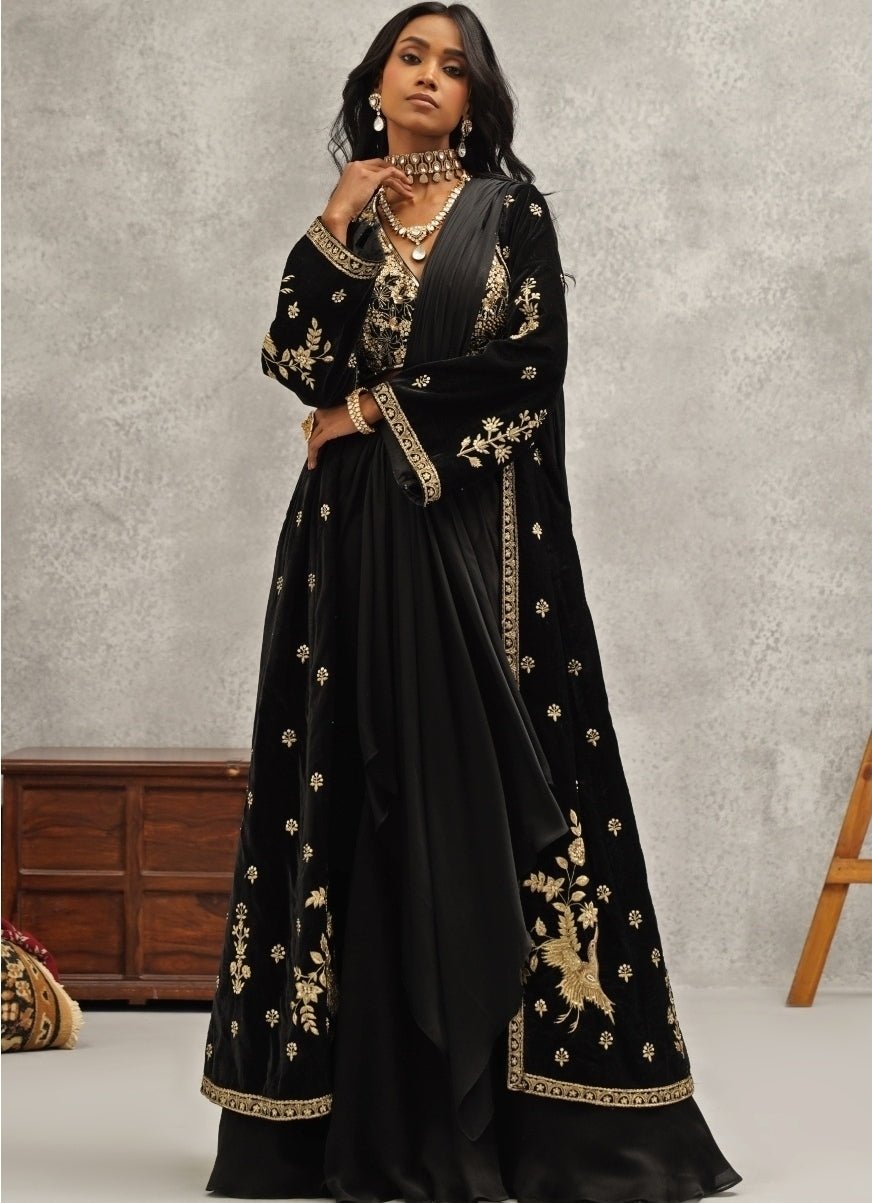 Black Satin Georgette Saree With Jacket Kapda Dori - Fabilicious Fashion