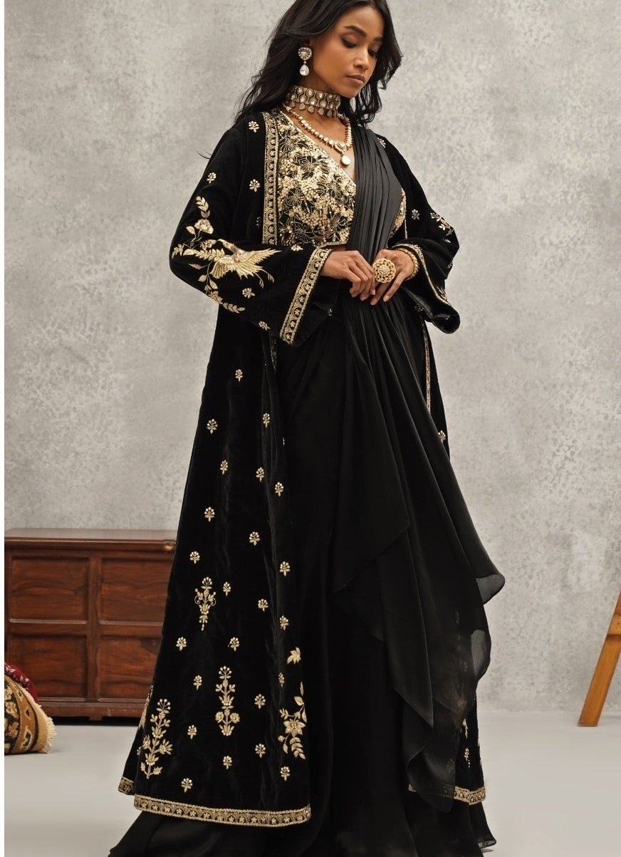 Black Satin Georgette Saree With Jacket Kapda Dori - Fabilicious Fashion