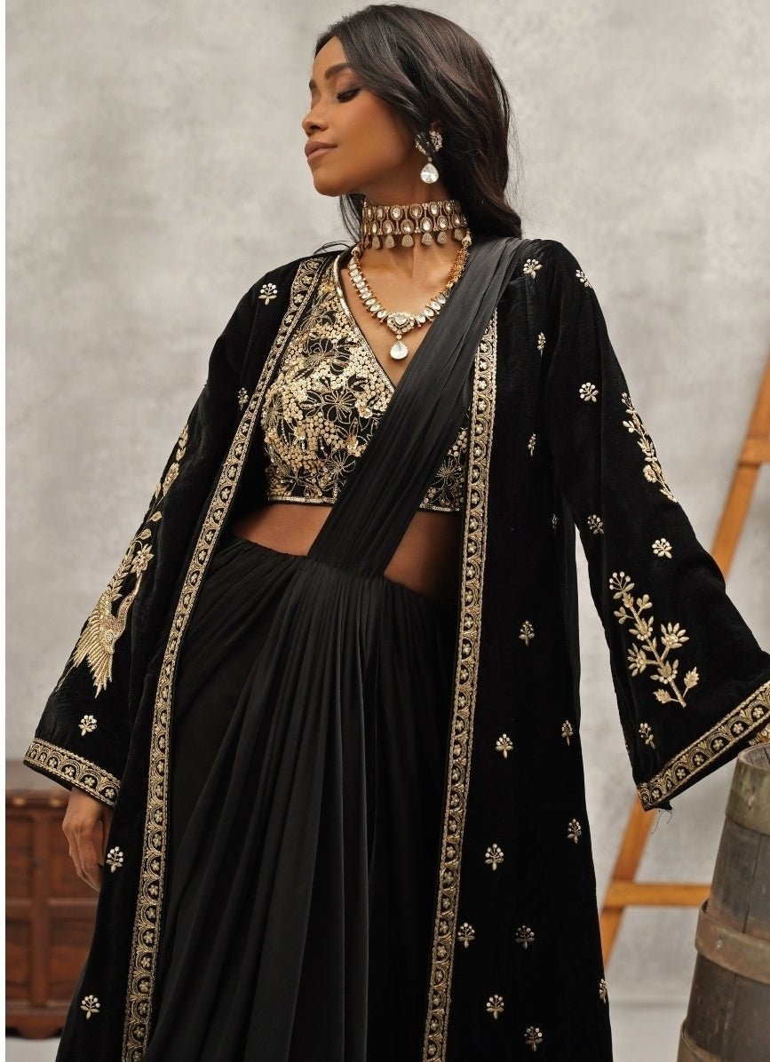 Black Satin Georgette Saree With Jacket Kapda Dori - Fabilicious Fashion
