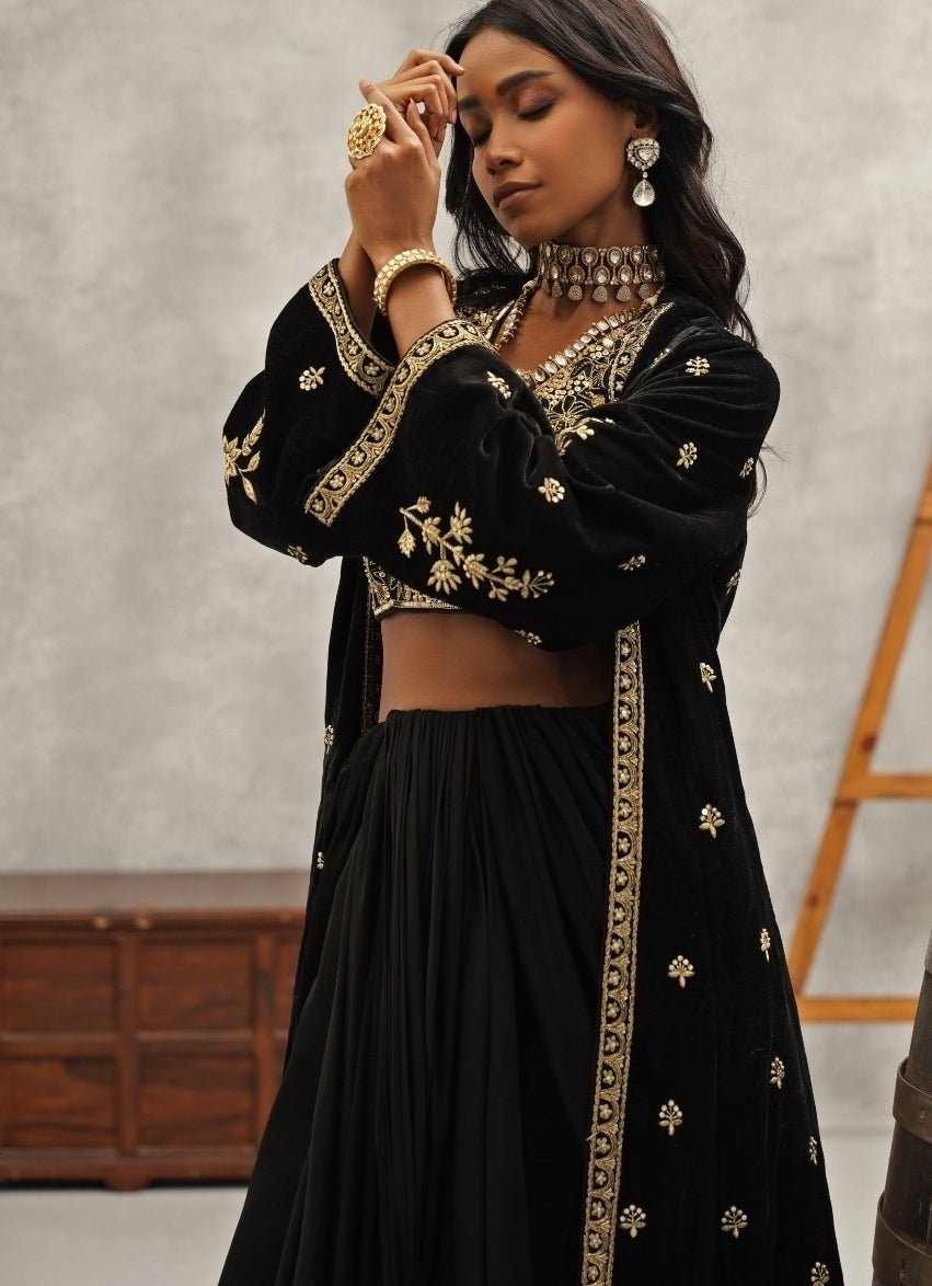 Black Satin Georgette Saree With Jacket Kapda Dori - Fabilicious Fashion
