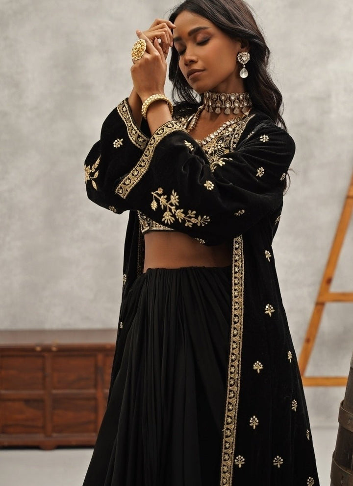 Black Satin Georgette Saree With Jacket Kapda Dori - Fabilicious Fashion