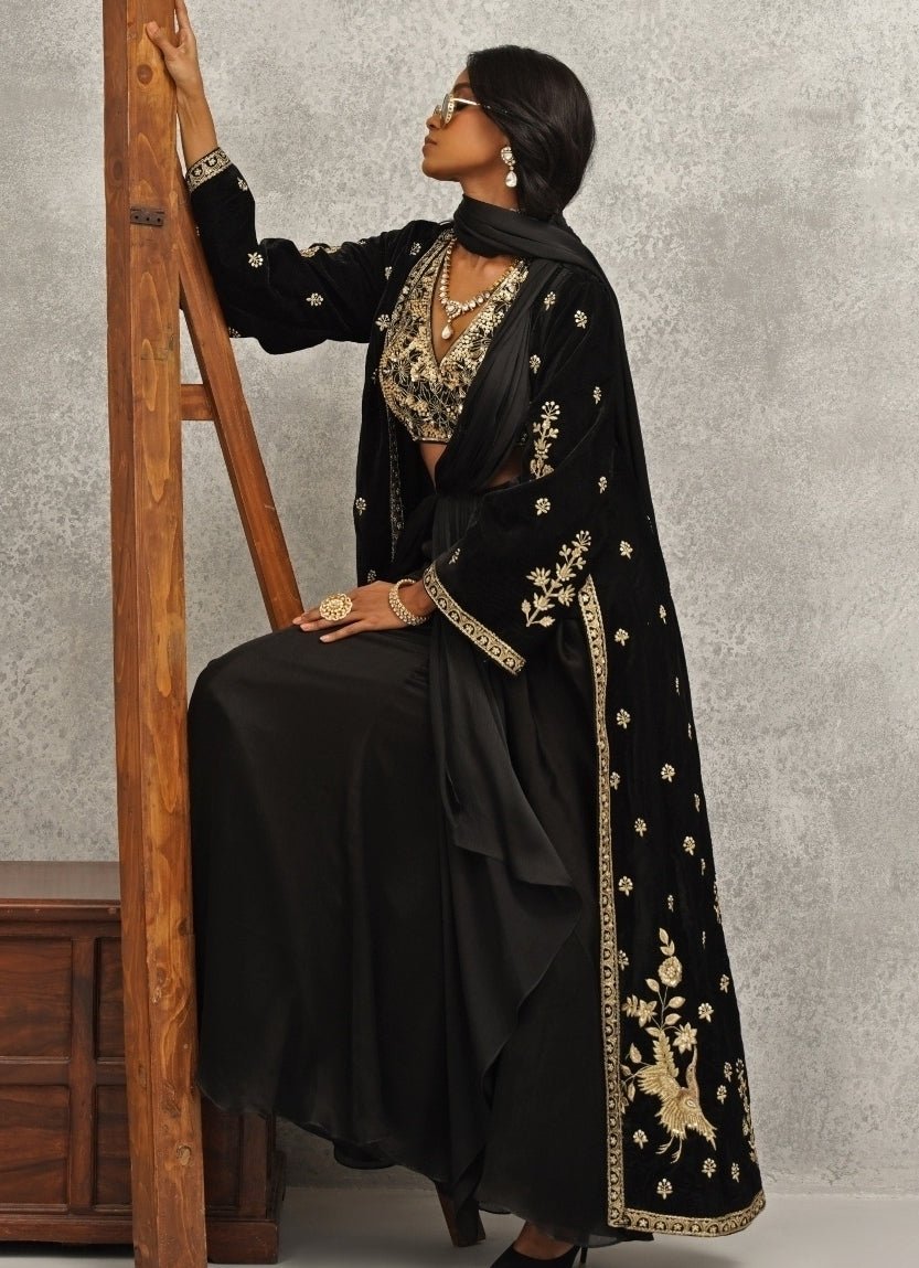 Black Satin Georgette Saree With Jacket Kapda Dori - Fabilicious Fashion