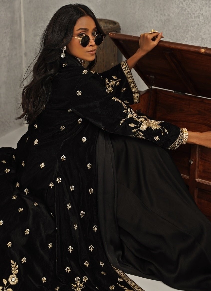 Black Satin Georgette Saree With Jacket Kapda Dori - Fabilicious Fashion