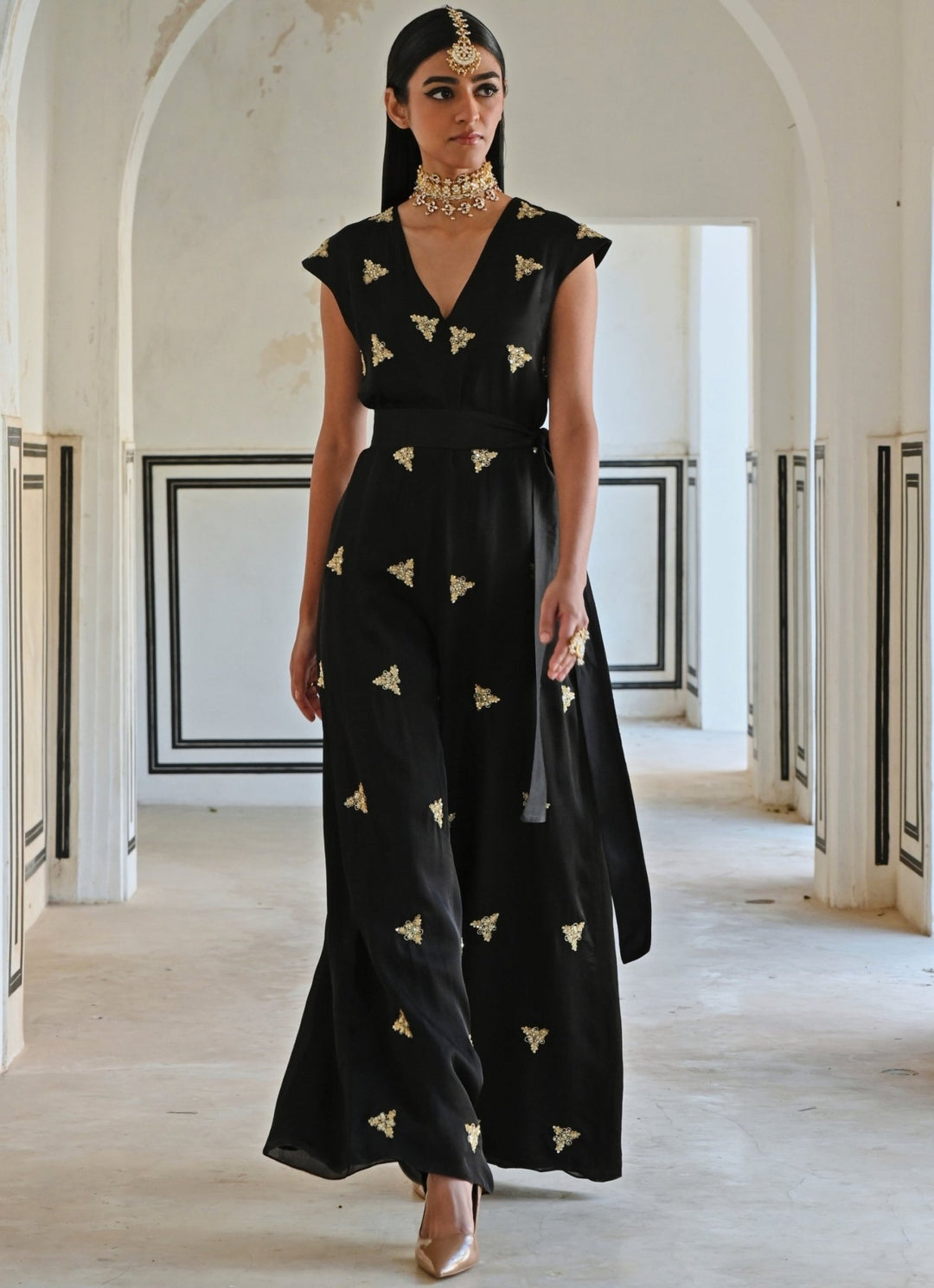 Black Satin Organza Embroidered Jumpsuit With Belt Ease - Fabilicious Fashion