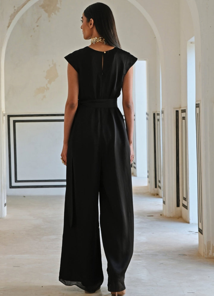 Black Satin Organza Embroidered Jumpsuit With Belt Ease - Fabilicious Fashion