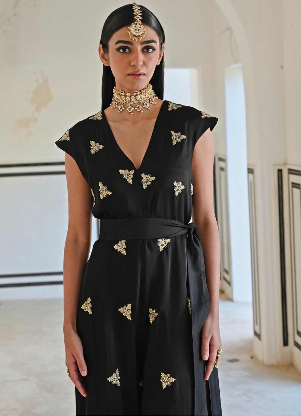 Black Satin Organza Embroidered Jumpsuit With Belt Ease - Fabilicious Fashion