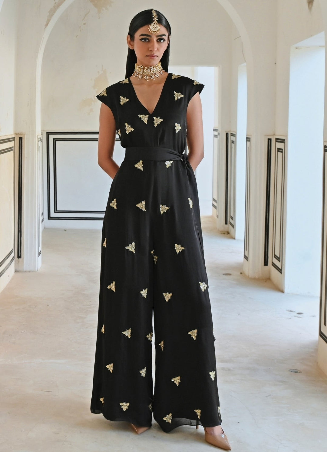Black Satin Organza Embroidered Jumpsuit With Belt Ease - Fabilicious Fashion