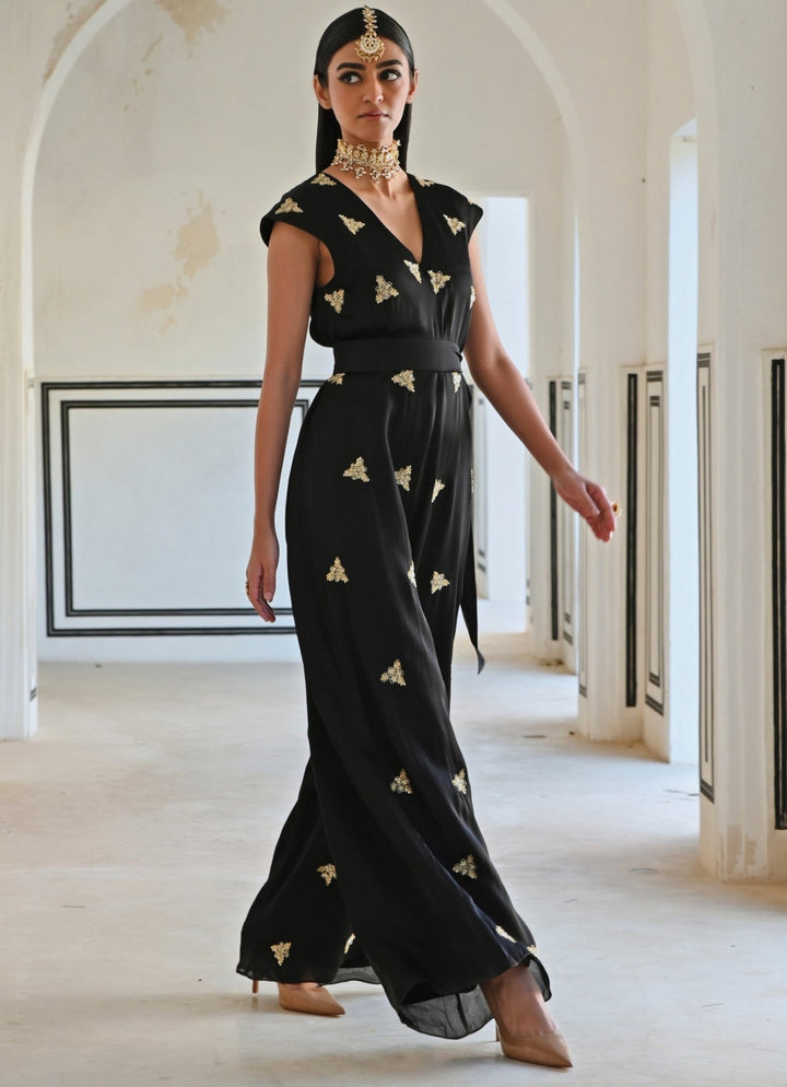 Black Satin Organza Embroidered Jumpsuit With Belt Ease - Fabilicious Fashion