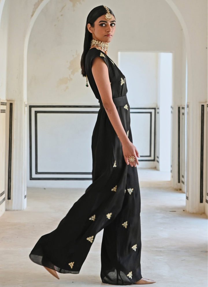 Black Satin Organza Embroidered Jumpsuit With Belt Ease - Fabilicious Fashion
