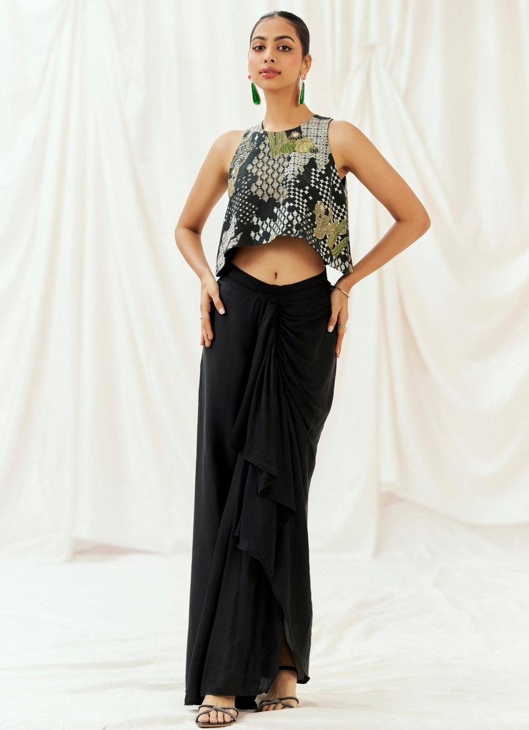 Black Satin Silk Drape Skirt With Top Redpine - Fabilicious Fashion