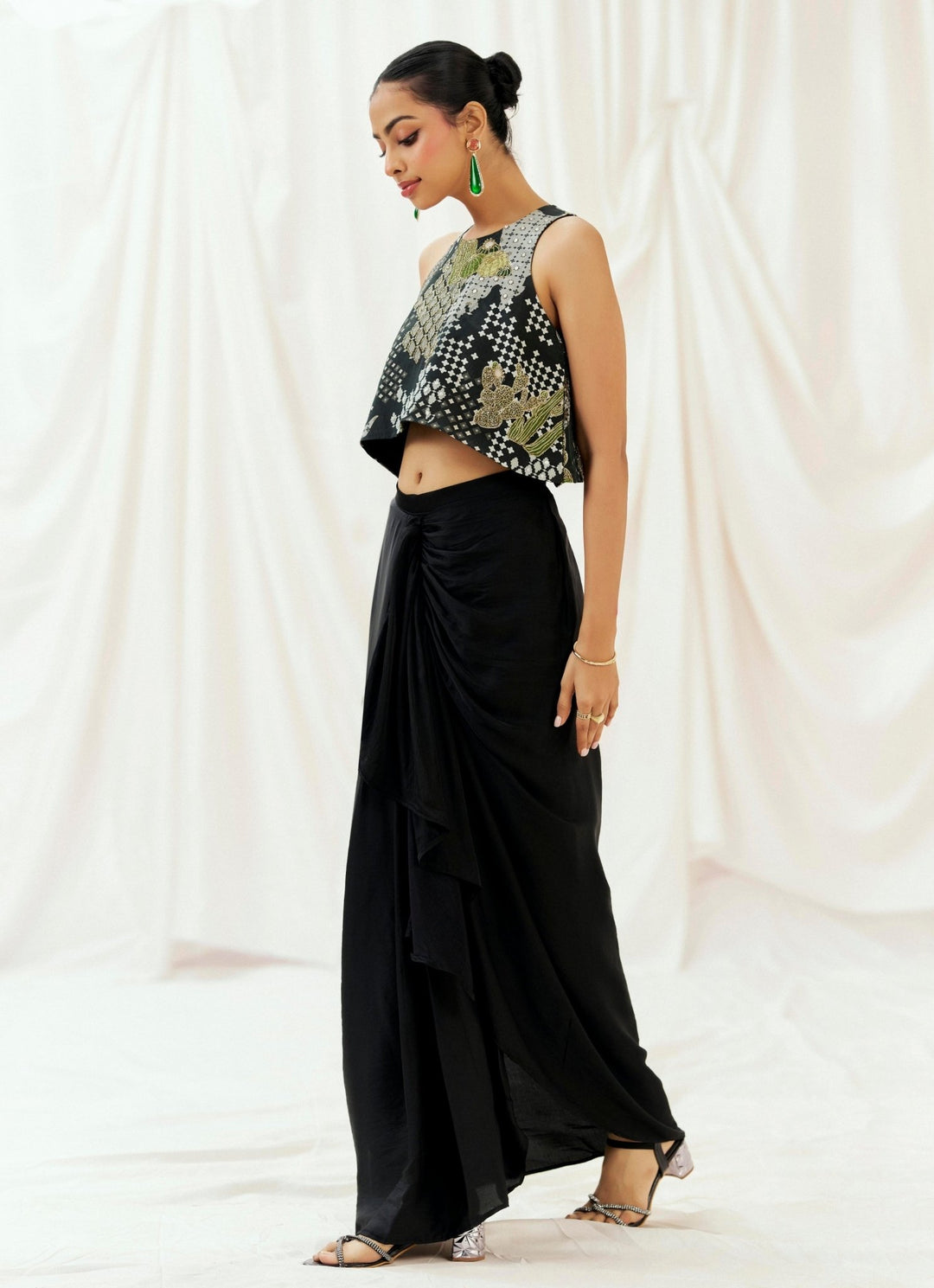 Black Satin Silk Drape Skirt With Top Redpine - Fabilicious Fashion
