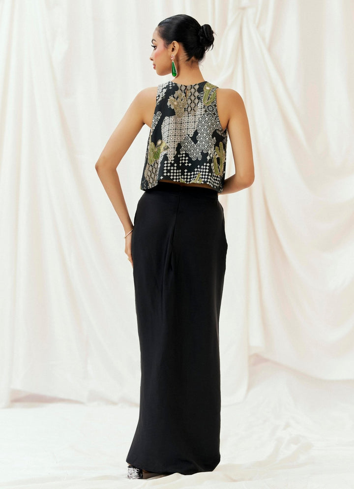 Black Satin Silk Drape Skirt With Top Redpine - Fabilicious Fashion
