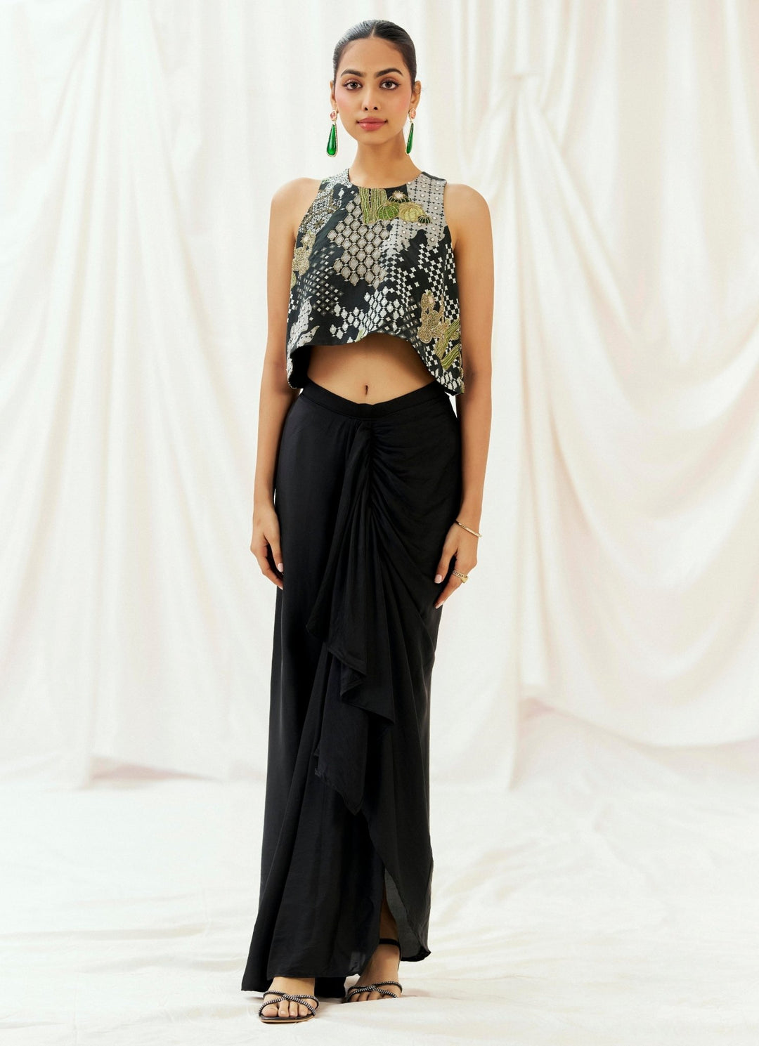 Black Satin Silk Drape Skirt With Top Redpine - Fabilicious Fashion