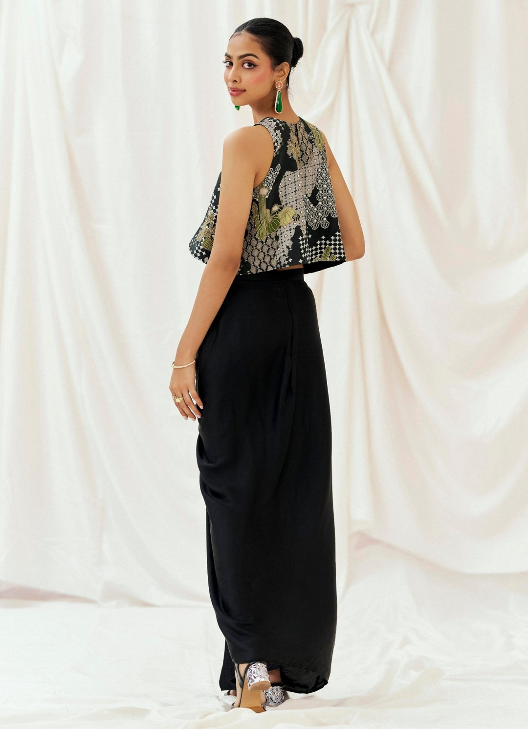 Black Satin Silk Drape Skirt With Top Redpine - Fabilicious Fashion
