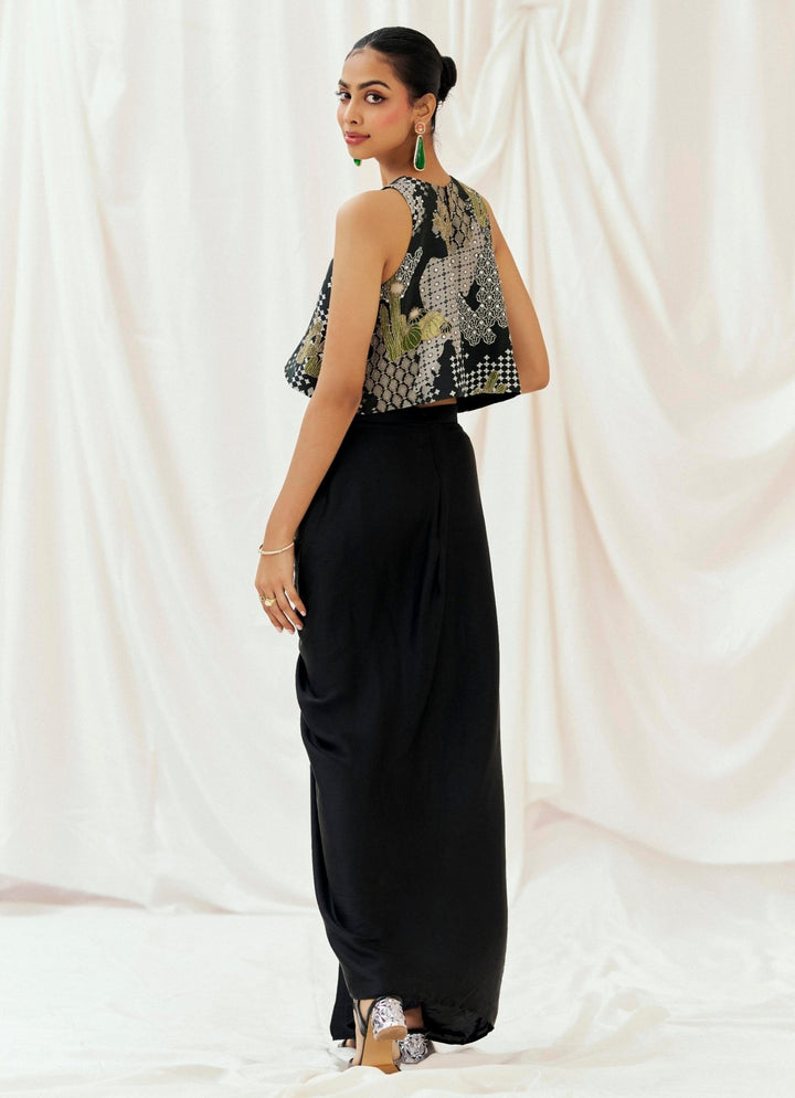 Black Satin Silk Drape Skirt With Top Redpine - Fabilicious Fashion