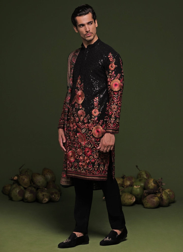 Black Sequin Embroidered Kurta Pant Set With Dupatta Kalpraag - Fabilicious Fashion