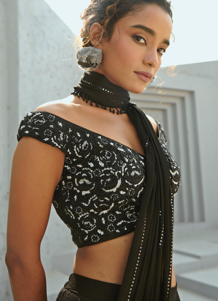 Black Sequin Embroidered Pre Stitched Georgette Frill Saree Chamee and Palak - Fabilicious Fashion