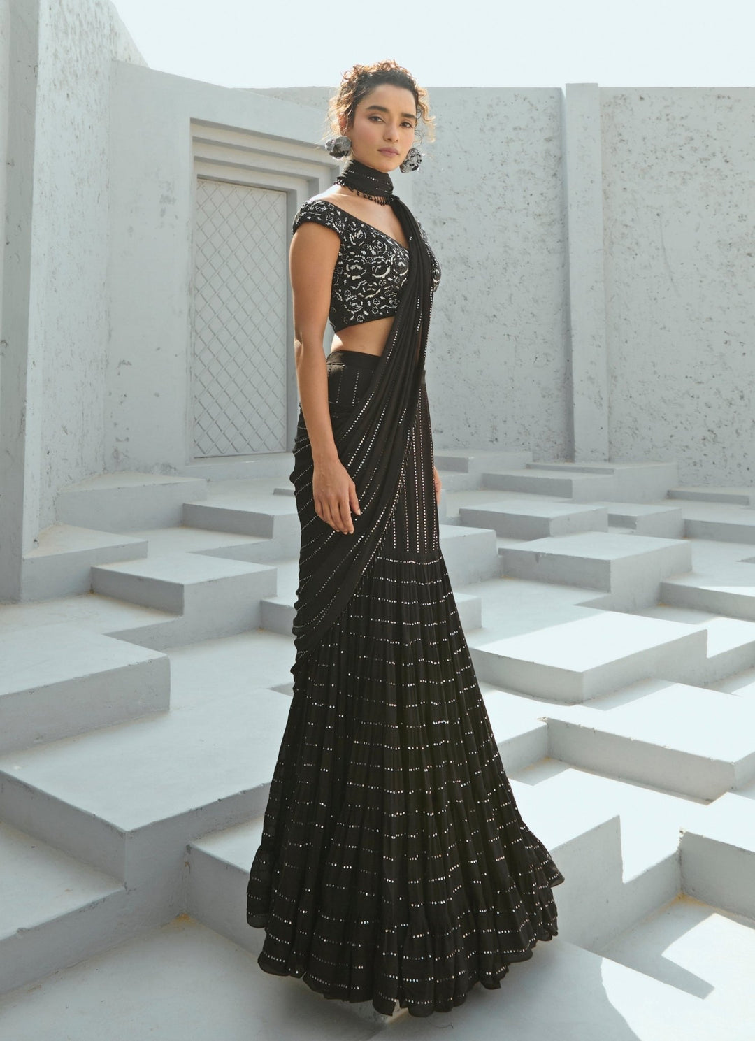 Black Sequin Embroidered Pre Stitched Georgette Frill Saree Chamee and Palak - Fabilicious Fashion