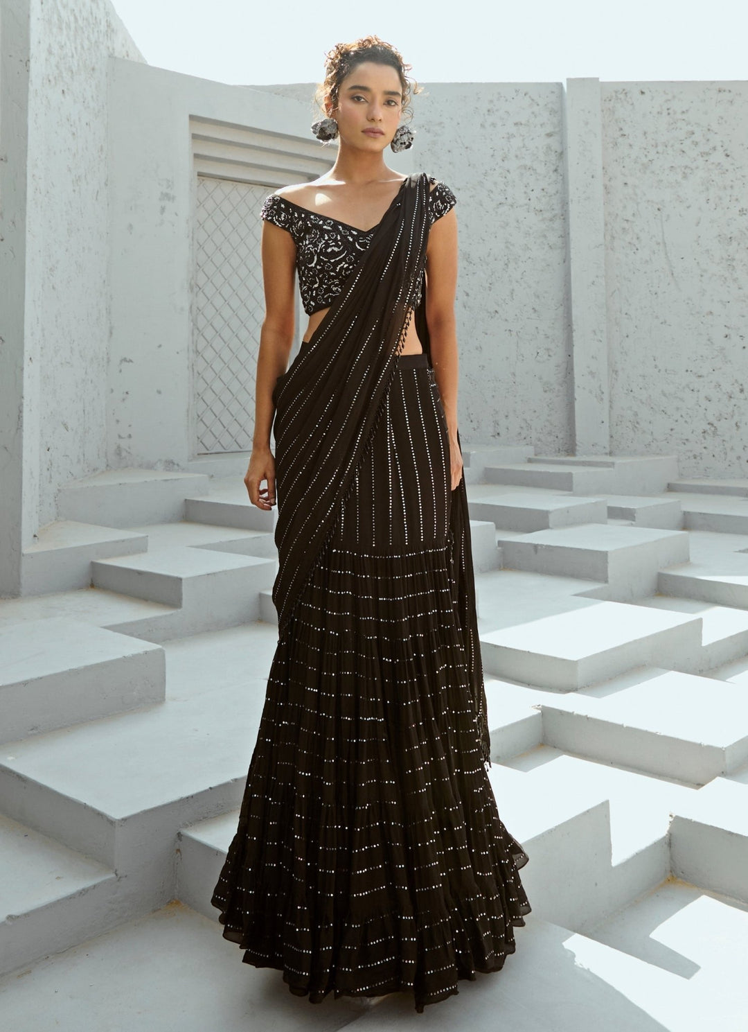 Black Sequin Embroidered Pre Stitched Georgette Frill Saree Chamee and Palak - Fabilicious Fashion