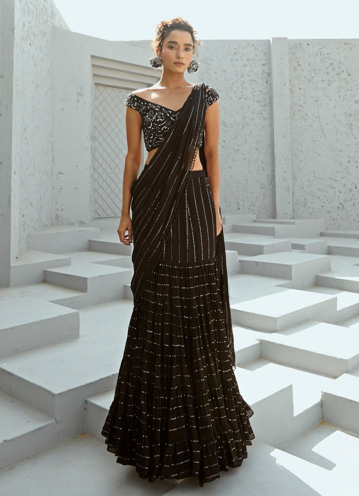 Black Sequin Embroidered Pre Stitched Georgette Frill Saree Chamee and Palak - Fabilicious Fashion