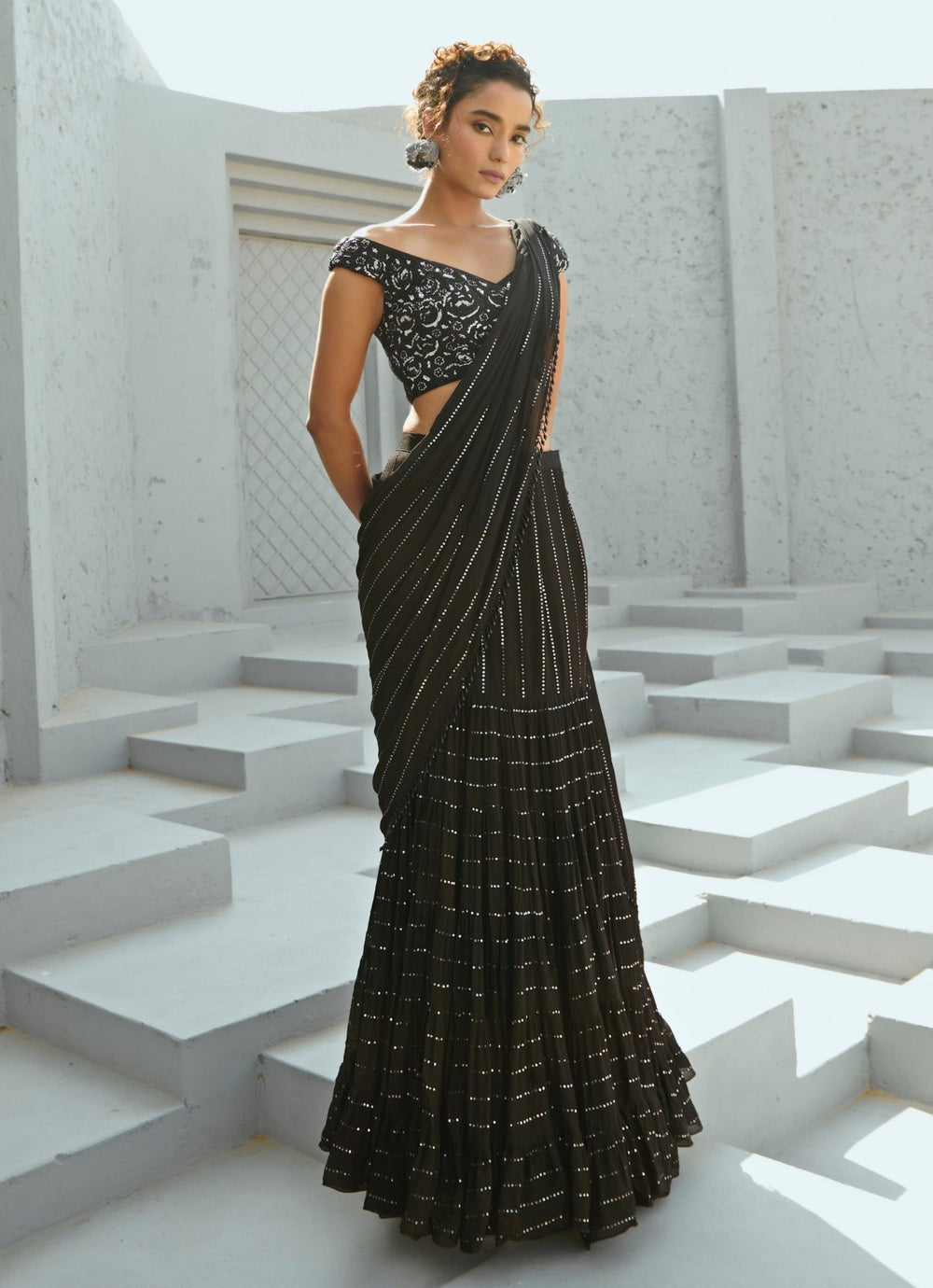 Black Sequin Embroidered Pre Stitched Georgette Frill Saree Chamee and Palak - Fabilicious Fashion