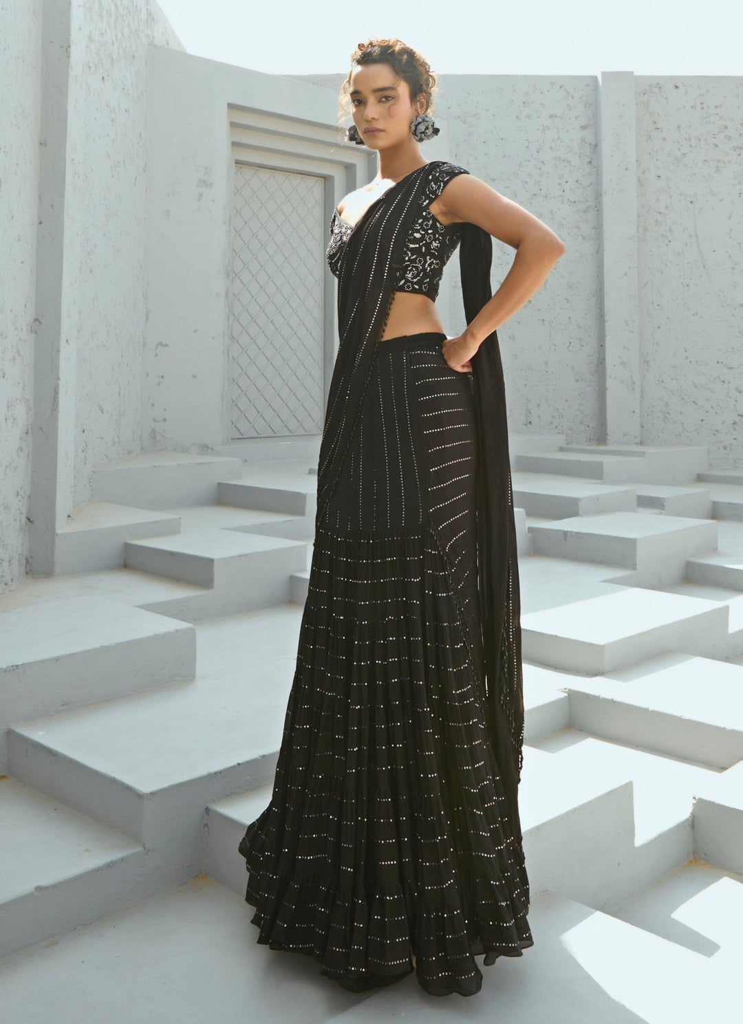Black Sequin Embroidered Pre Stitched Georgette Frill Saree Chamee and Palak - Fabilicious Fashion