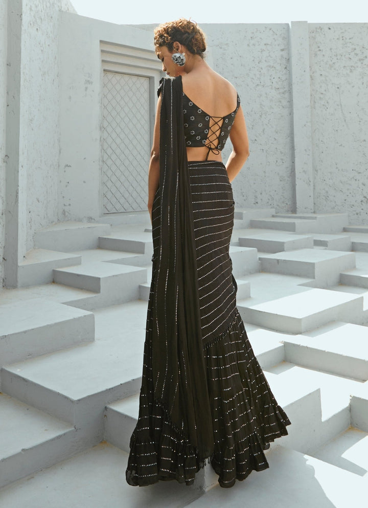 Black Sequin Embroidered Pre Stitched Georgette Frill Saree Chamee and Palak - Fabilicious Fashion