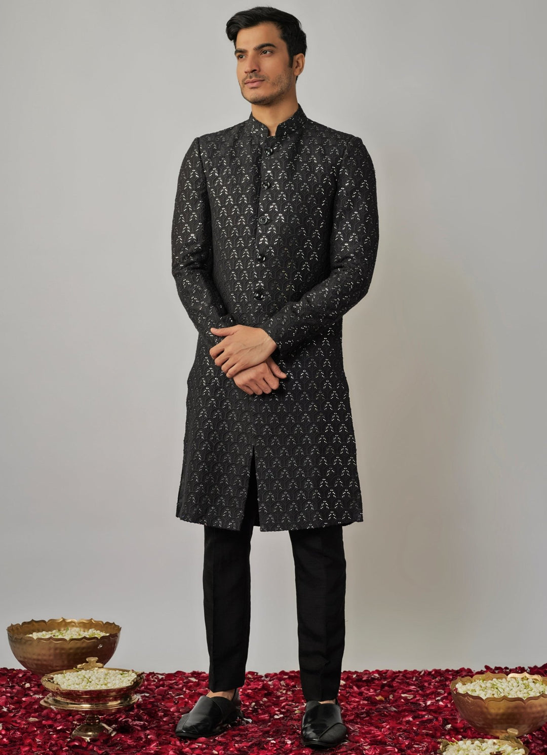 Black Sequin Embroidered Sherwani Set Renee Label - Men - Fabilicious Fashion