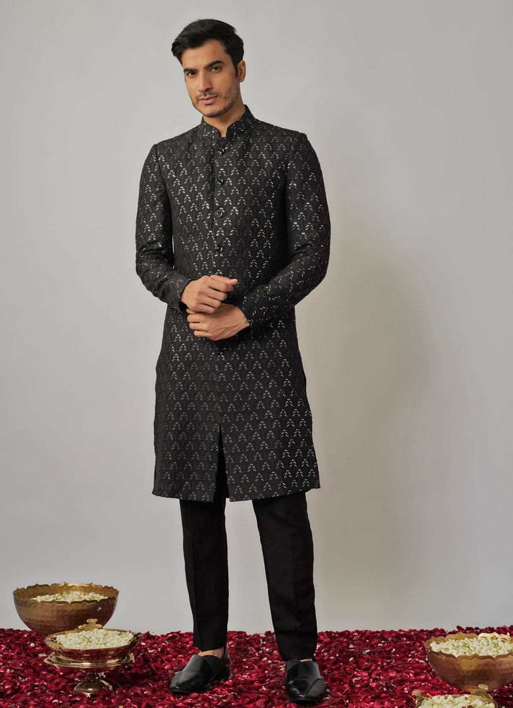 Black Sequin Embroidered Sherwani Set Renee Label - Men - Fabilicious Fashion