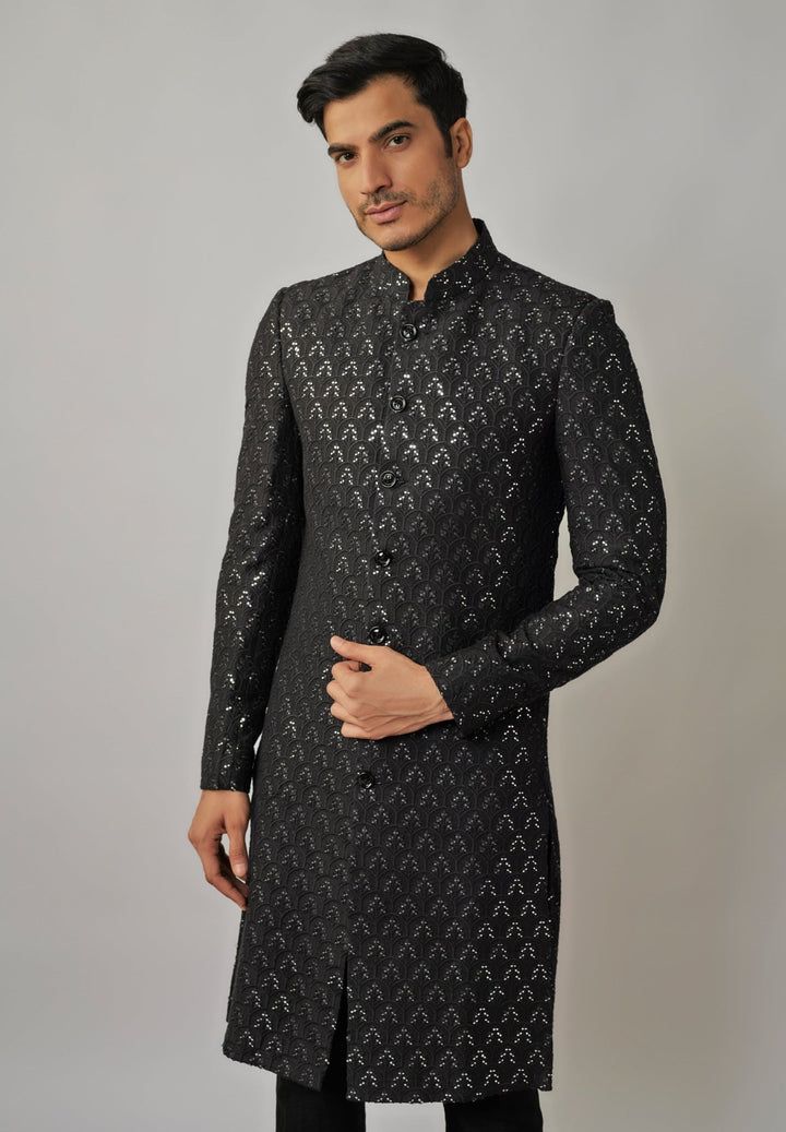 Black Sequin Embroidered Sherwani Set Renee Label - Men - Fabilicious Fashion