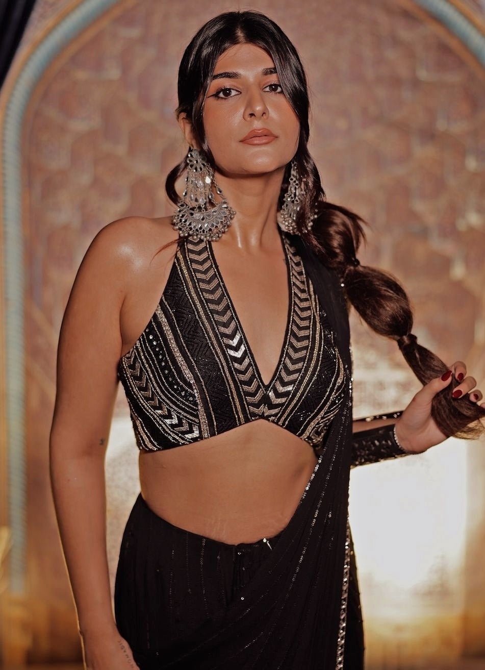 Black Sequined Pre Draped Saree Set Chamee and Palak - Fabilicious Fashion