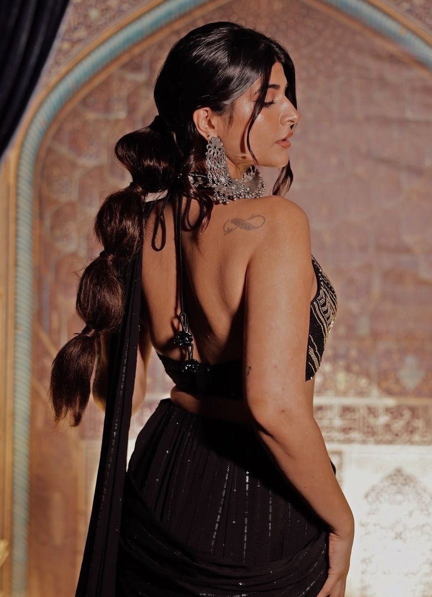 Black Sequined Pre Draped Saree Set Chamee and Palak - Fabilicious Fashion