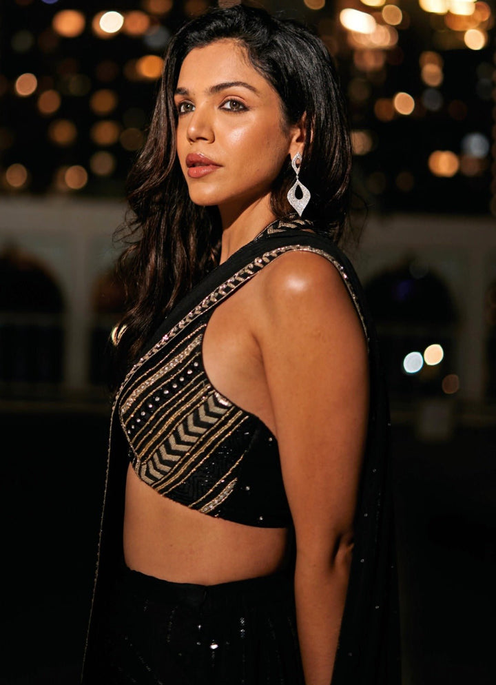 Black Sequined Pre Draped Saree Set Chamee and Palak - Fabilicious Fashion