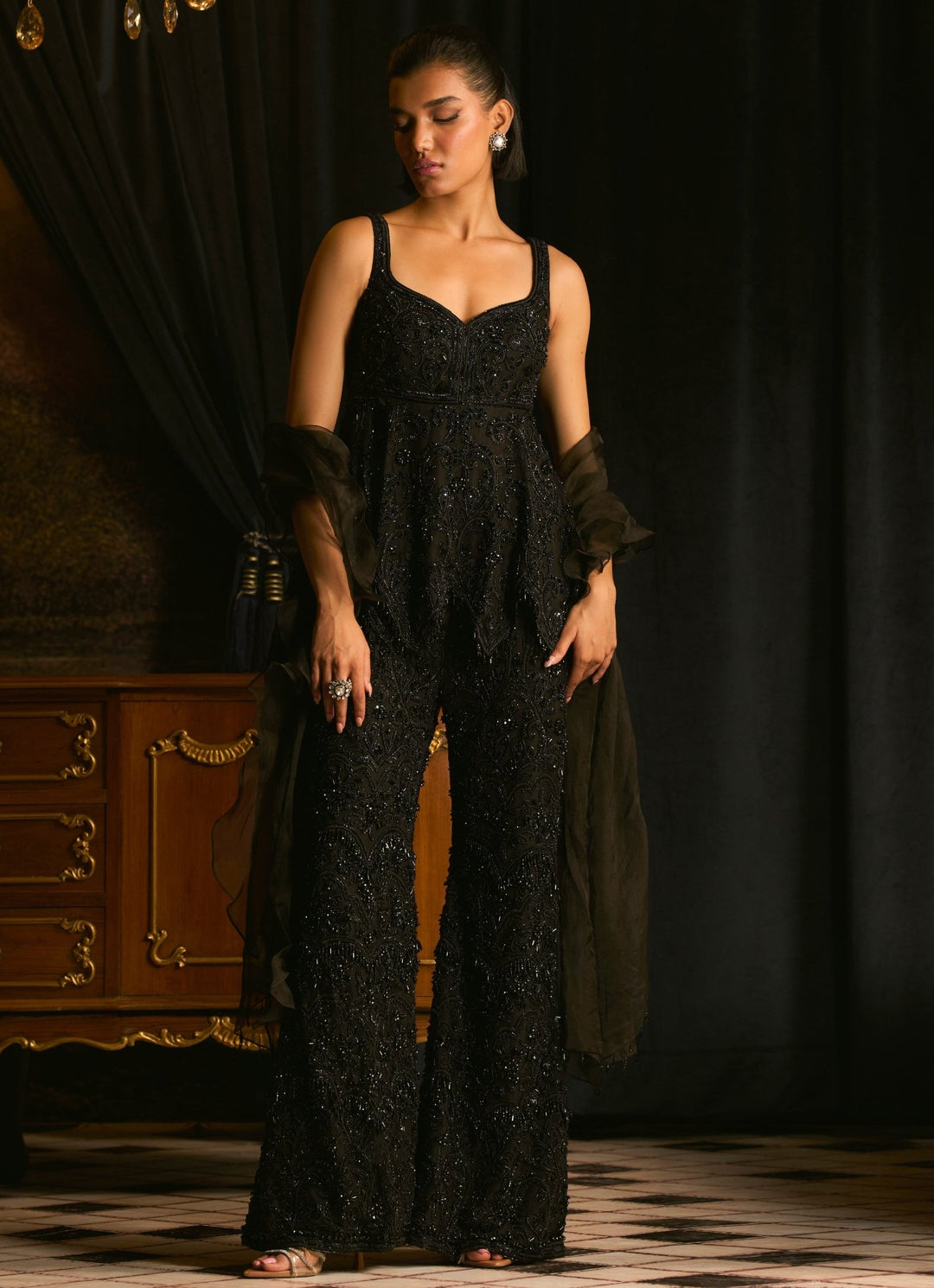 Black Sequins Embroidered Peplum Kurta With Sharara Set Mani Bhatia - Fabilicious Fashion