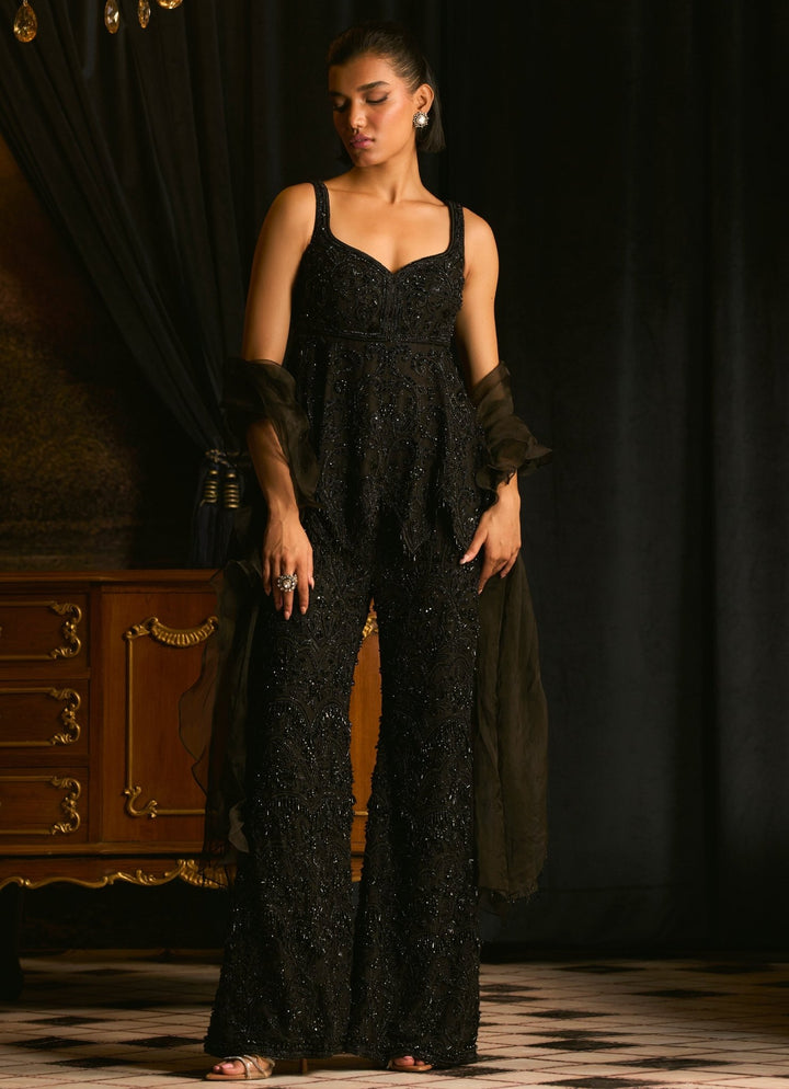 Black Sequins Embroidered Peplum Kurta With Sharara Set Mani Bhatia - Fabilicious Fashion