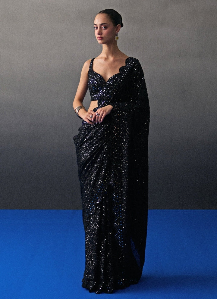 Black Sequins Embroidered Saree Angad Singh - Fabilicious Fashion