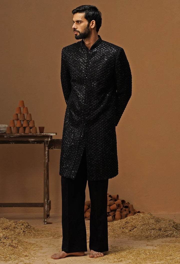 Kalpraag Black Shimmer Georgette Sherwani SetFabilicious Fashion