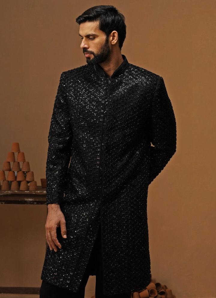 Kalpraag Black Shimmer Georgette Sherwani SetFabilicious Fashion