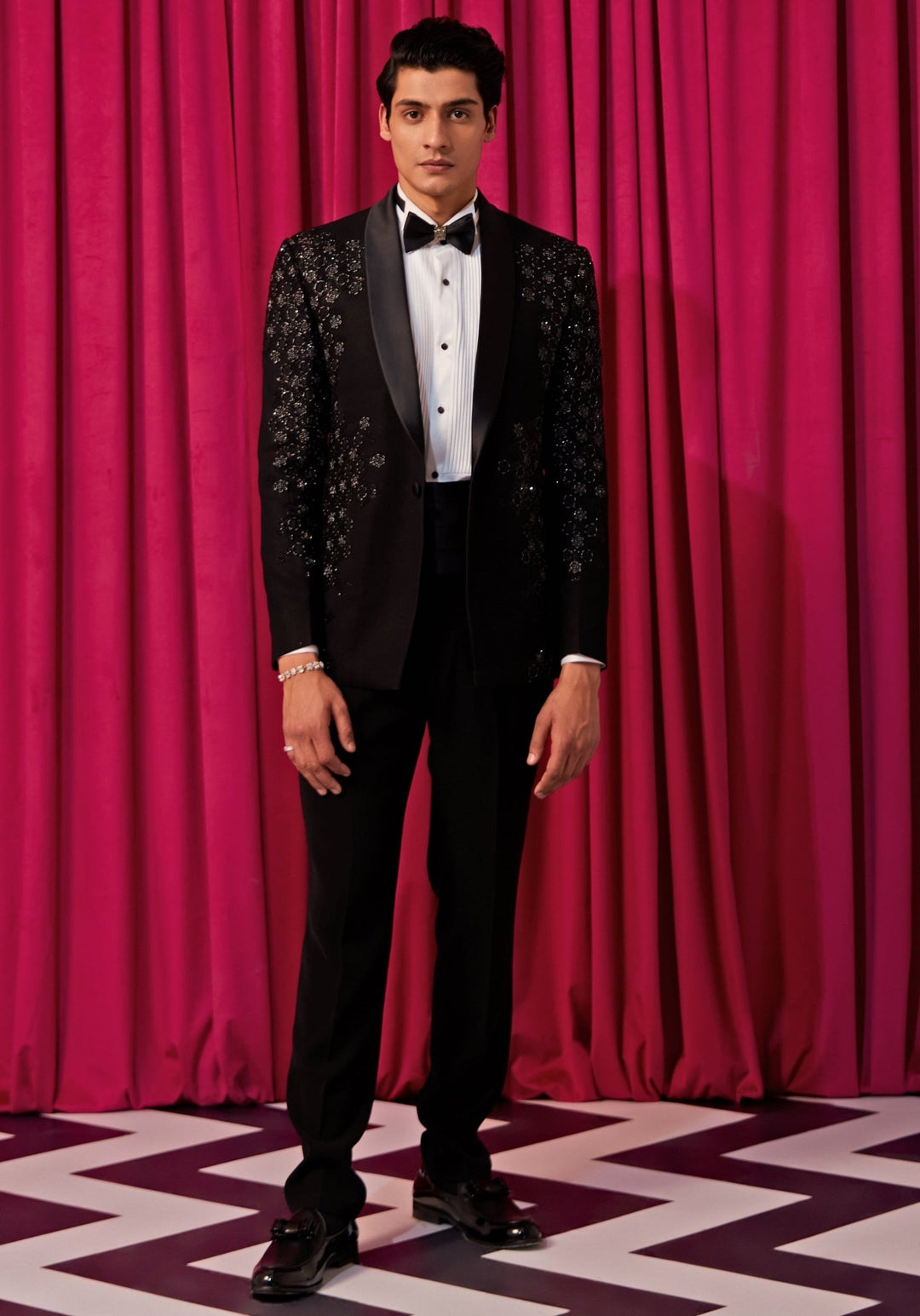 Black Shimmer Tuxedo Set Contrast by Parth - Fabilicious Fashion