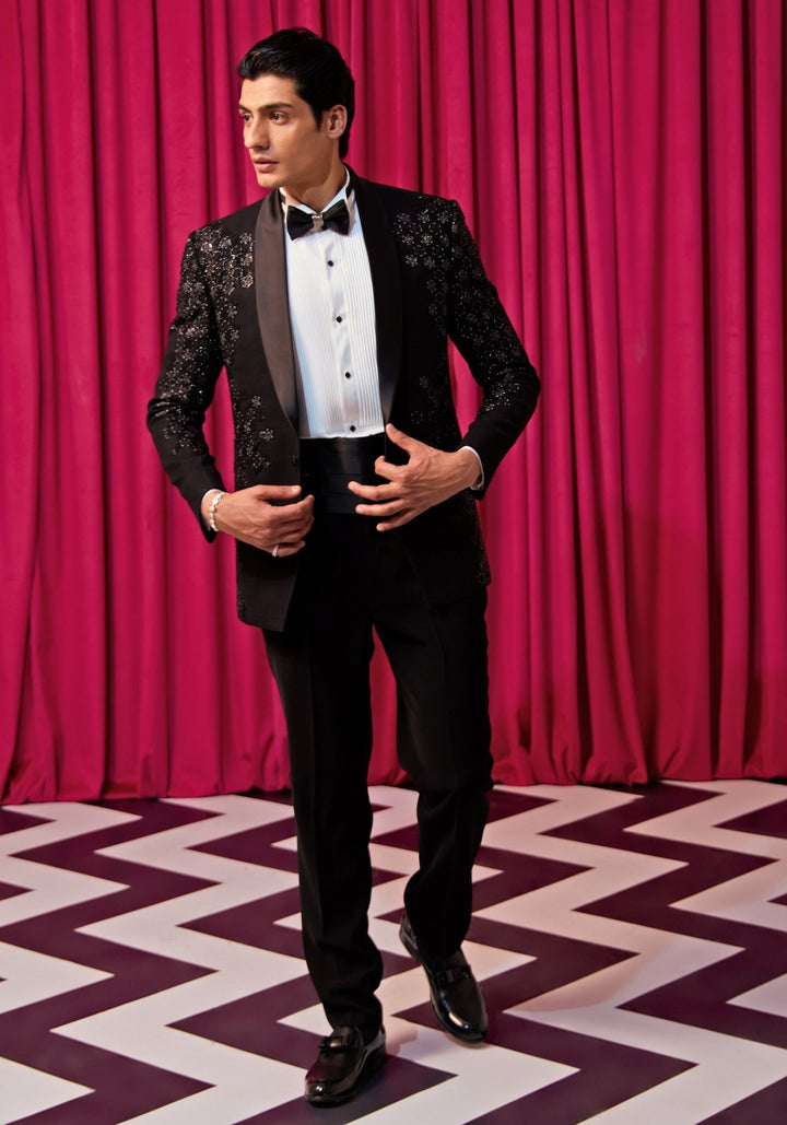 Black Shimmer Tuxedo Set Contrast by Parth - Fabilicious Fashion