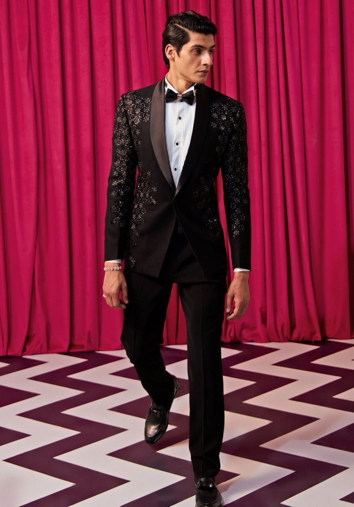 Black Shimmer Tuxedo Set Contrast by Parth - Fabilicious Fashion