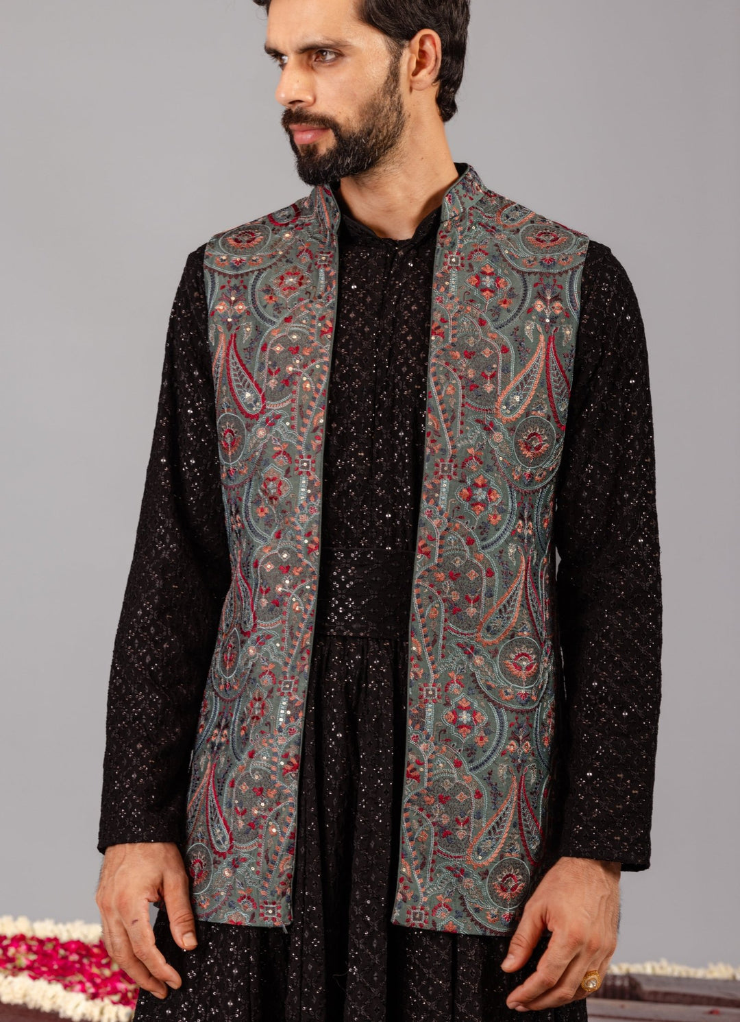 Black Silk Anarkali Jacket Set Kalpraag - Fabilicious Fashion