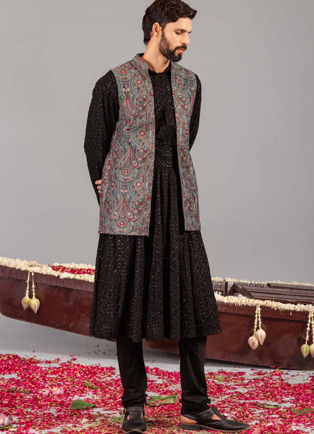 Black Silk Anarkali Jacket Set Kalpraag - Fabilicious Fashion