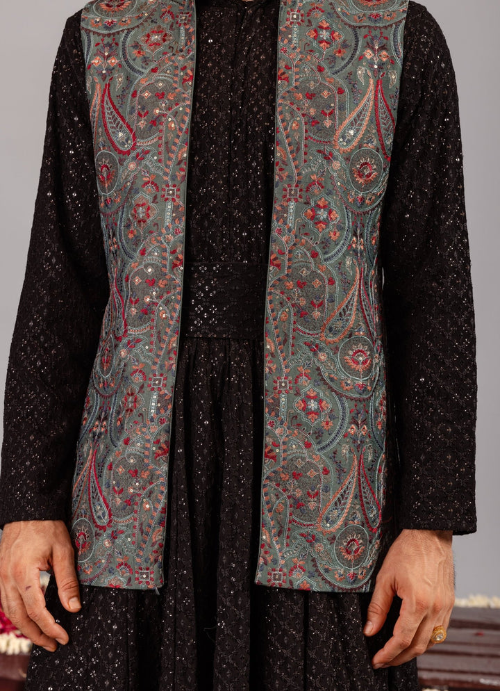 Black Silk Anarkali Jacket Set Kalpraag - Fabilicious Fashion