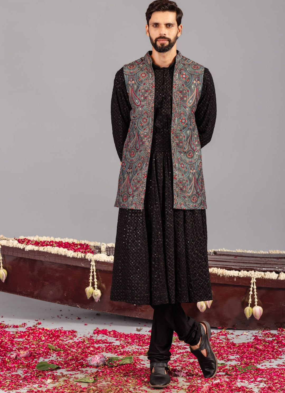 Black Silk Anarkali Jacket Set Kalpraag - Fabilicious Fashion